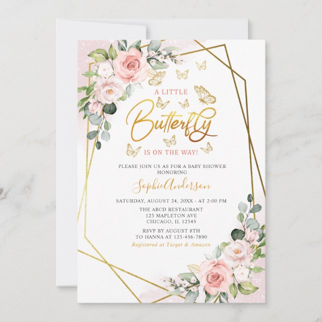 Invitation Baby shower de papillon floral bleu géométrique (Devant)