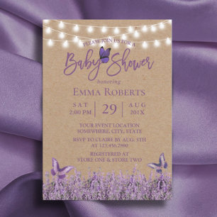 Invitation Baby shower de papillon floral de lavande rustique