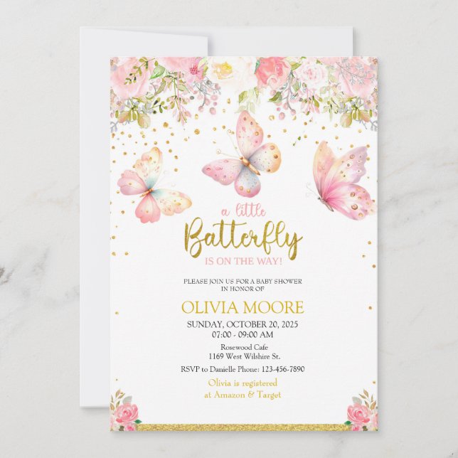 Invitation Baby shower de papillon rose (Devant)