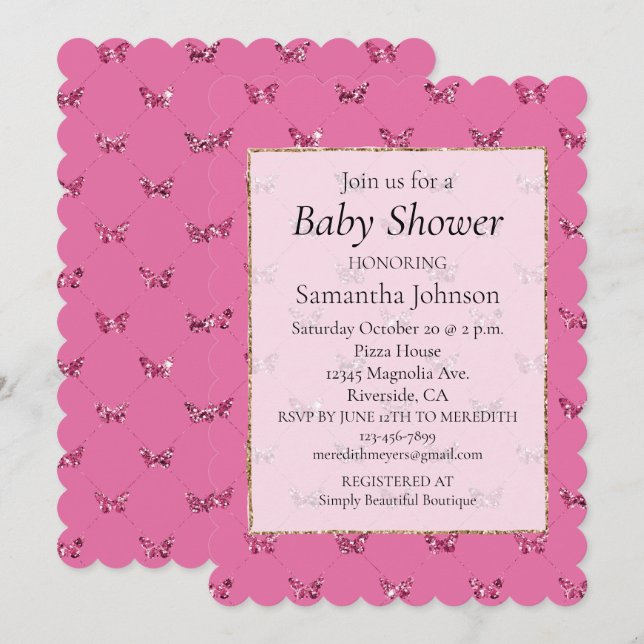 Invitation Baby shower de papillons à Parties scintillant ros (Devant / Derrière)