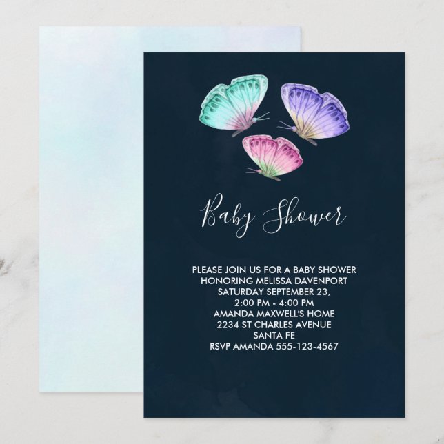Invitation Baby shower de papillons couleur Aquarelle mignon (Devant / Derrière)
