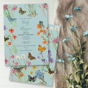 Invitation Baby shower de papillons Fleur sauvage bleu
