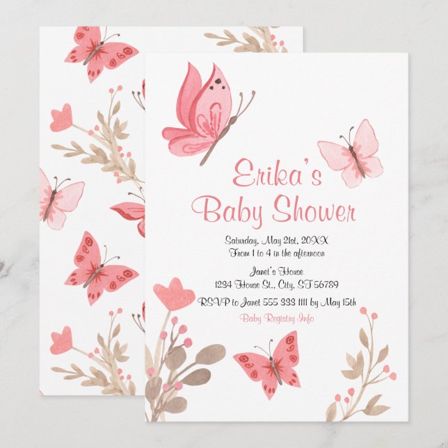 Invitation Baby shower de papillons floraux rose pâle (Devant / Derrière)