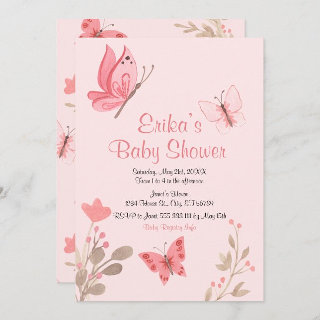Invitation Baby shower de papillons roses mignonnes (Devant / Derrière)
