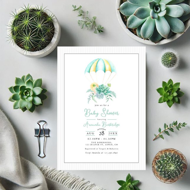 Invitation Baby shower de parachute de bouquet de succulents  (Floral Succulents Bouquet Parachute Baby Shower Invitation)