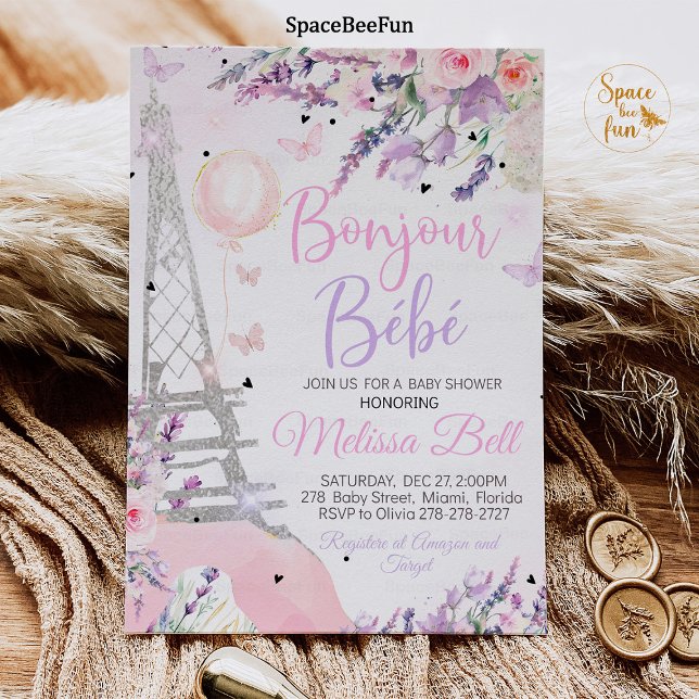 Invitation Baby shower de Paris Bonjour Bebe rose (Paris Baby Shower Invitation Bonjour Bebe Baby Shower Editable Paris Baby Shower Theme Pink purple)