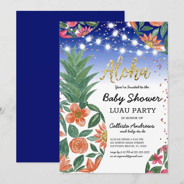 Invitation Baby shower de Parties scintillant à ananas tropic (Devant / Derrière)