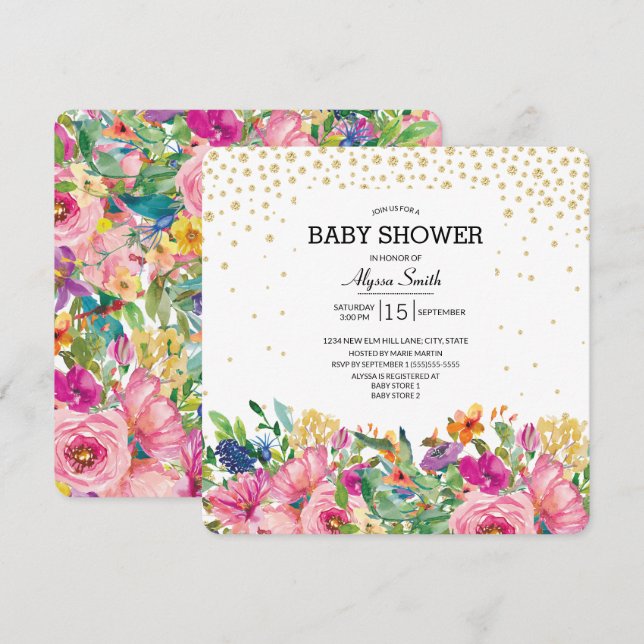 Invitation Baby shower de Parties scintillant or rose jaune (Devant / Derrière)