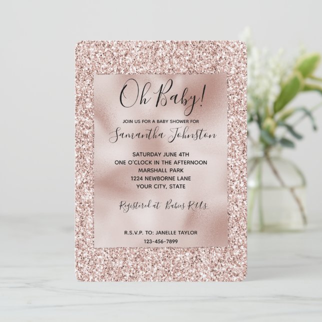 Invitation Baby shower de Parties scintillant rose brillant (Debout devant)