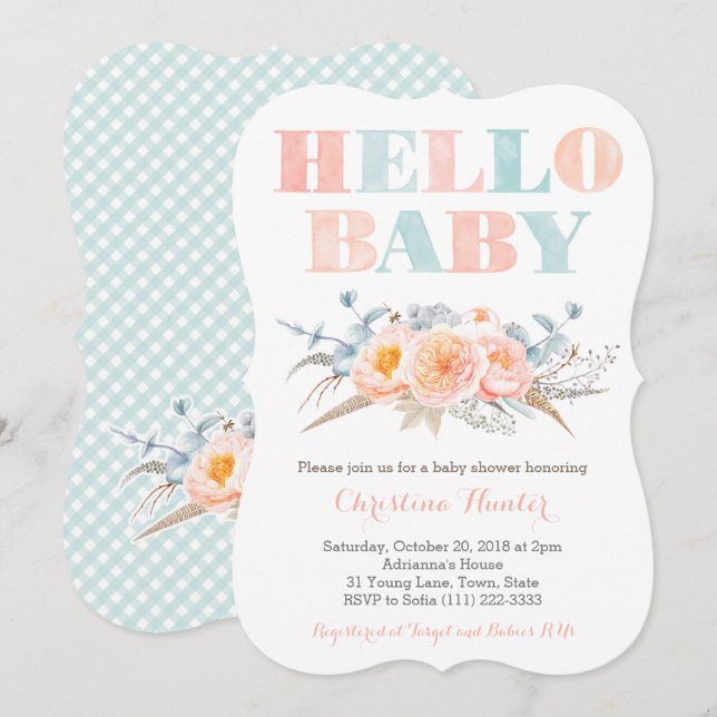 Invitation Baby shower de pêche à la menthe neutre pour les h (Devant / Derrière)