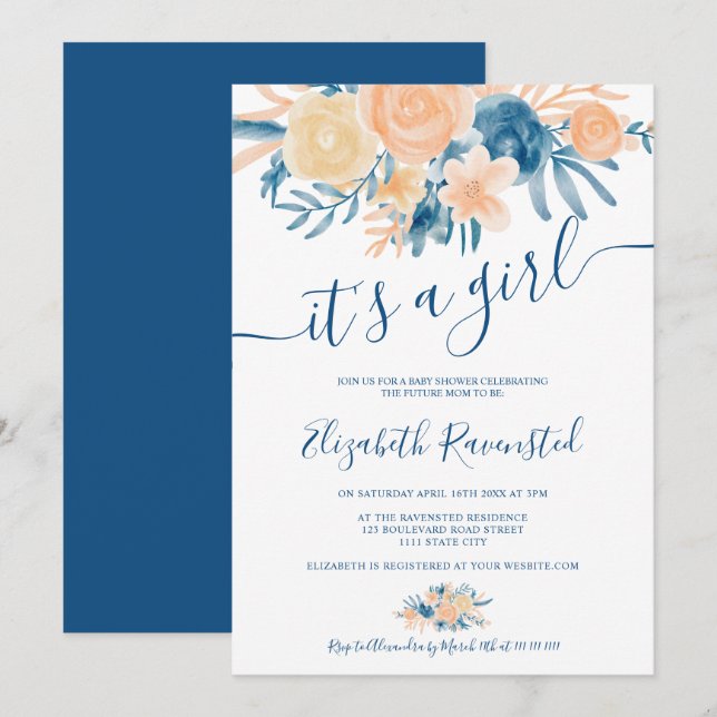 Invitation Baby shower de pêche bleu marine à l'aquarelle flo (Devant / Derrière)