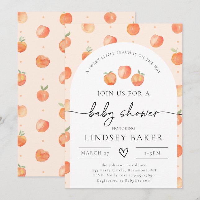 Invitation Baby shower de pêche | Peach Baby (Devant / Derrière)