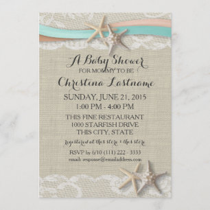Invitation Baby shower de pêche Starfish et Ribbon Aqua Peach