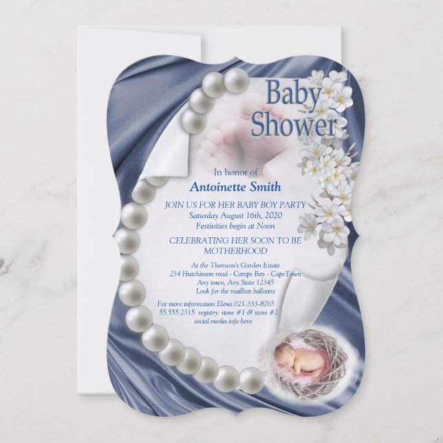 Invitation Baby shower de perle bleu soyeux (Devant)