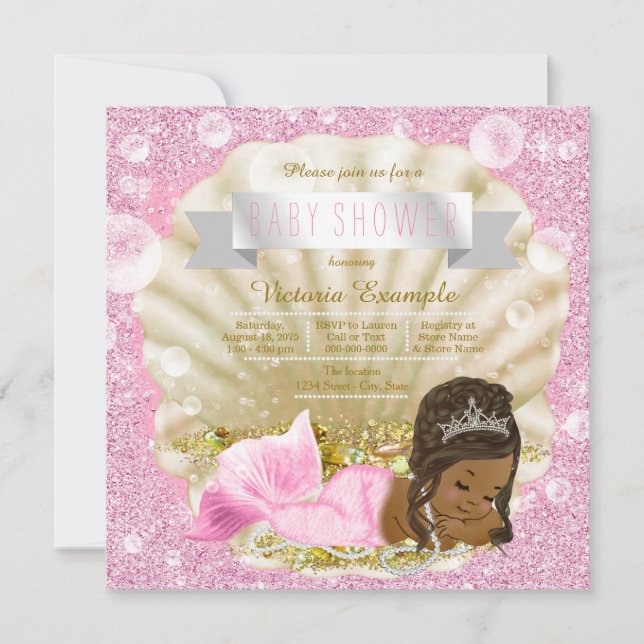 Invitation Baby shower de perles roses de sirène afro-américa (Devant)