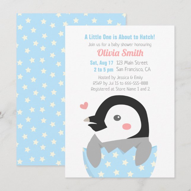 Invitation Baby shower de petit pingouin à l'éclos (Devant / Derrière)