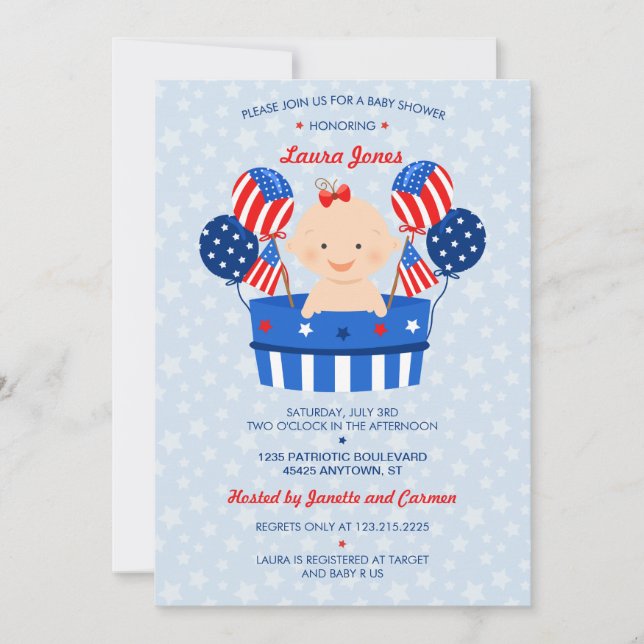 Invitation Baby shower de petite fille patriotique 4 juillet  (Devant)