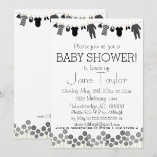 Invitation Baby shower de petits vêtements gris et noir