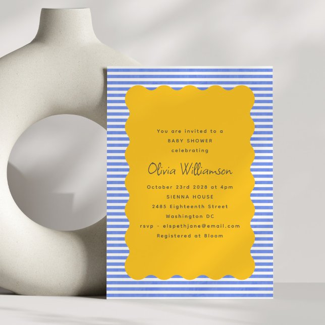 Invitation Baby shower de pétoncle jaune à bande bleue côtièr (Créateur téléchargé)