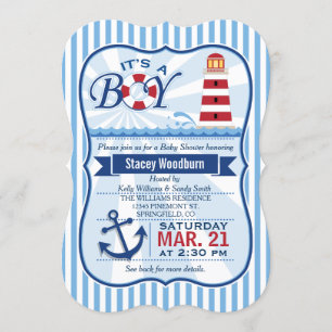 Invitation Baby shower de phare bleu, blanc et bleu marine