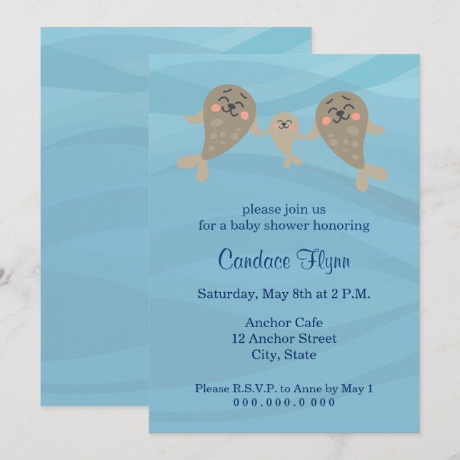 Invitation Baby shower de phoques (Devant / Derrière)