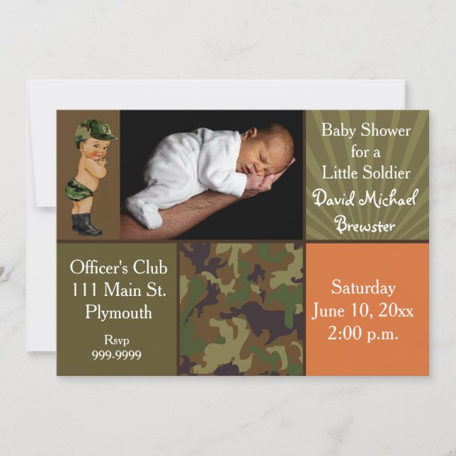 Invitation Baby shower de photo de camouflage de vert d'armée (Devant)