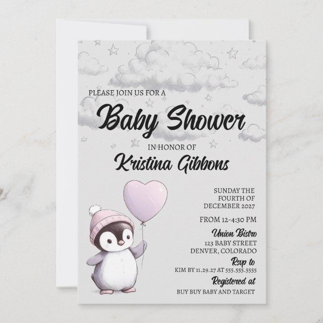 Invitation Baby shower de pingouin (Devant)