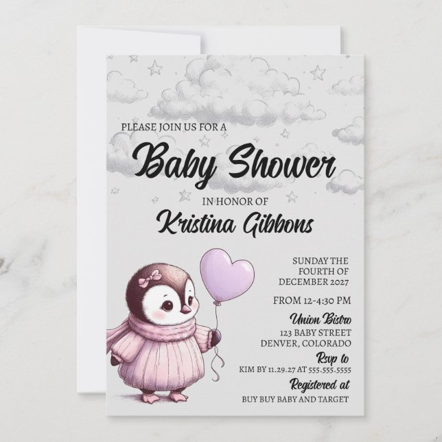 Invitation Baby shower de pingouin (Devant)