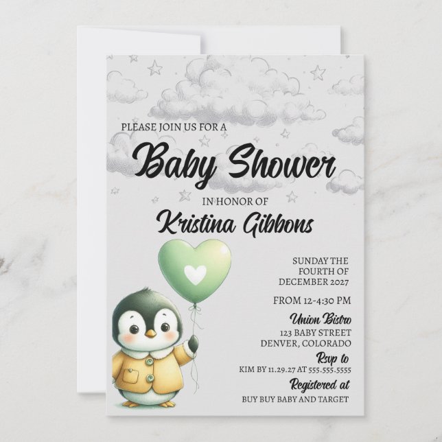 Invitation Baby shower de pingouin (Devant)
