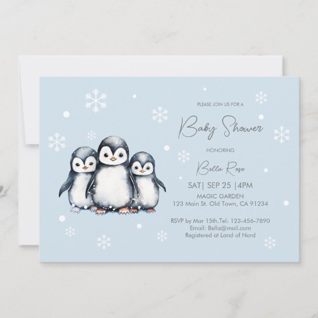 Invitation Baby shower de pingouin aux flocons de neige migno (Devant)