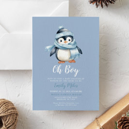 Invitation Baby shower de pingouin d'hiver bleu