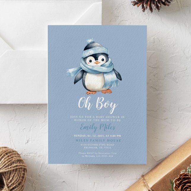 Invitation Baby shower de pingouin d'hiver bleu (Créateur téléchargé)