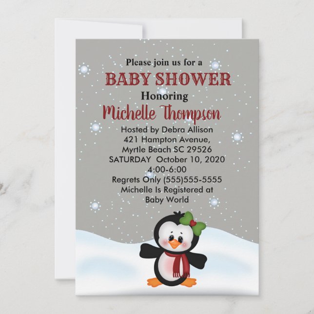 Invitation Baby shower de pingouin d'hiver mignon/Invitation  (Devant)