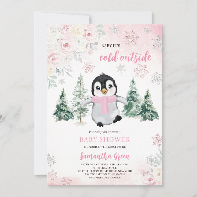 Invitation Baby shower de pingouin d'hiver rose (Devant)