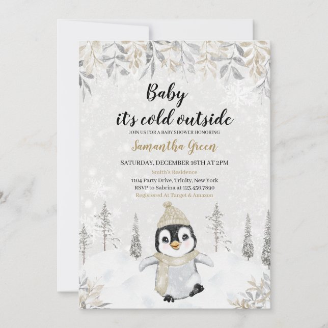 Invitation Baby shower de pingouin en argent or (Devant)