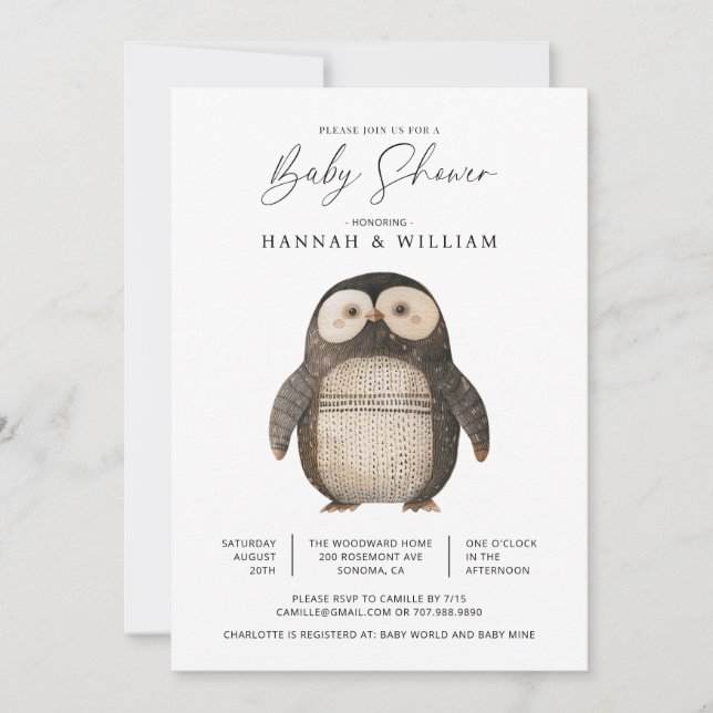 Invitation Baby shower de pingouin mignon (Devant)