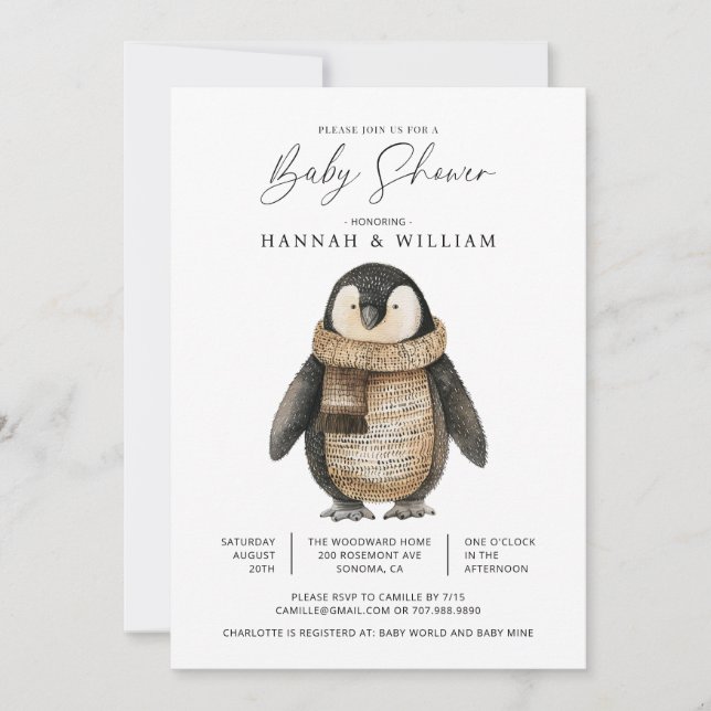 Invitation Baby shower de pingouin mignon (Devant)