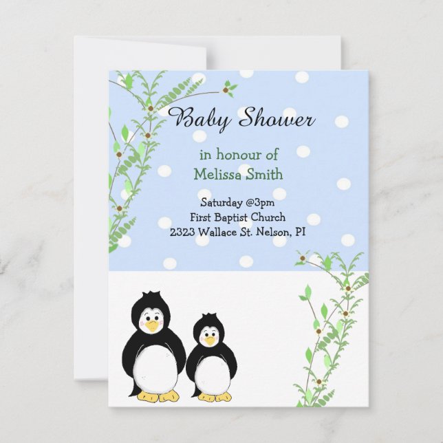 Invitation Baby shower de pingouins et vignes (Devant)