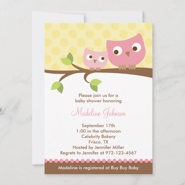 Invitation Baby shower de PInk Owls (Devant)