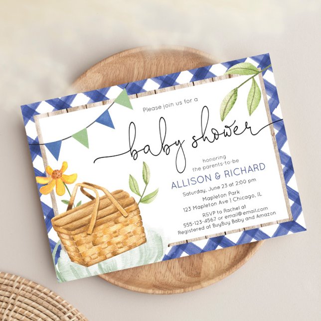 Invitation Baby shower de pique-nique en vichy bleu Pique-niq (Créateur téléchargé)