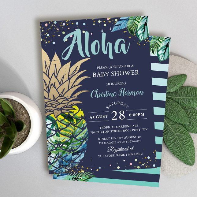 Invitation Baby shower de plage Blue Tropical Pineappy Beach (Créateur téléchargé)