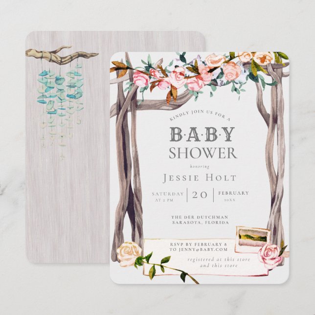 Invitation Baby shower de plage côtière de Boho rose et gris (Devant / Derrière)