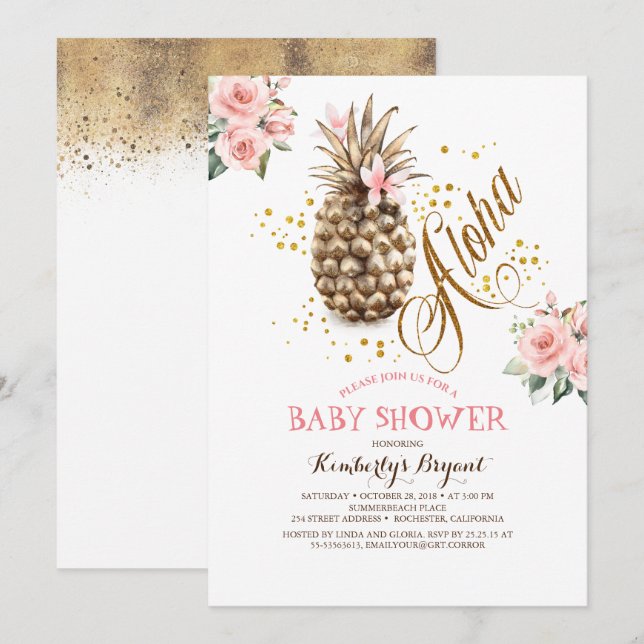 Invitation Baby shower de plage Floral rose ananas (Devant / Derrière)