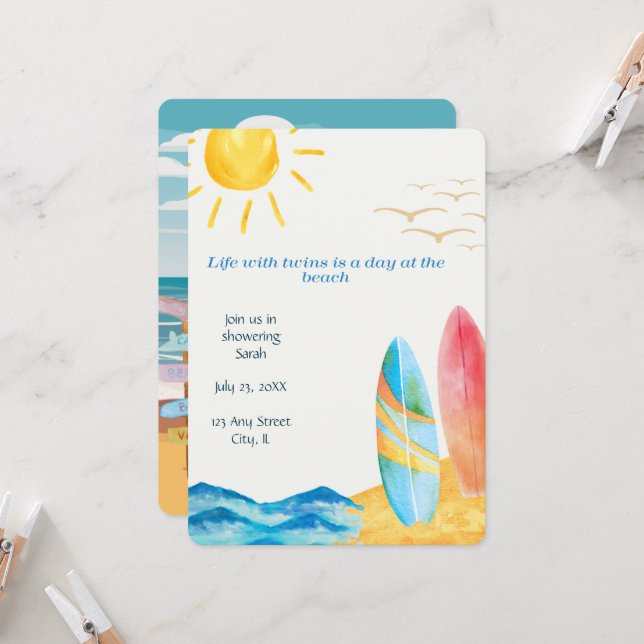 Invitation Baby shower de plage Twin (Devant/Arrière en situation)