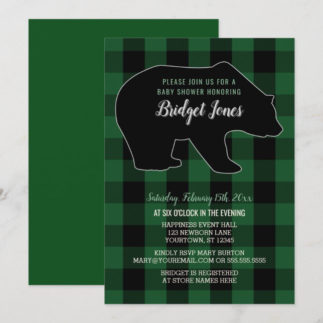 Invitation Baby shower de plaid de bûcheron d'ours de forêt (Devant / Derrière)