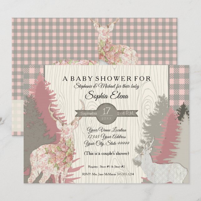 Invitation Baby shower de plaid de forêt de région boisée (Devant / Derrière)