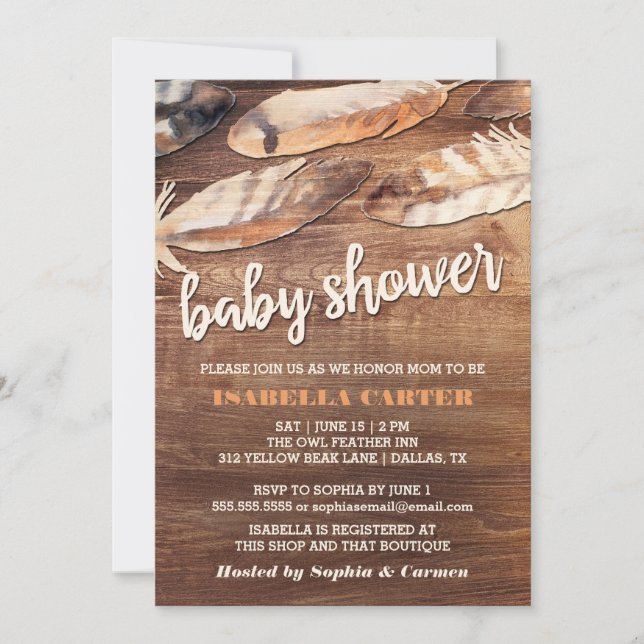 Invitation Baby shower de plumes rustiques (Devant)