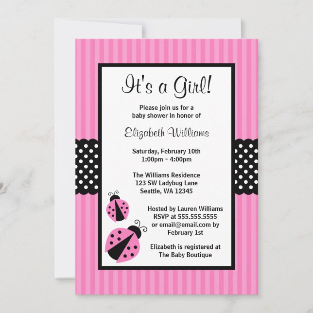Invitation Baby shower de points triés roses et noirs de Lady (Devant)