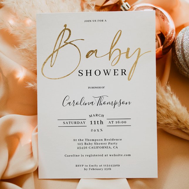 Invitation Baby shower de police de script or chic moderne (Modern elegant chic gold script font baby shower invitation)