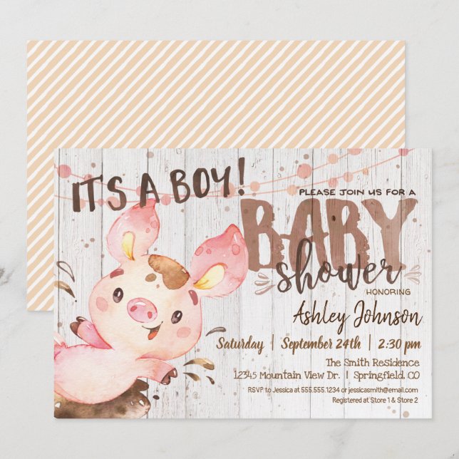 Invitation Baby shower de porc, Petit garçon, Ferme (Devant / Derrière)